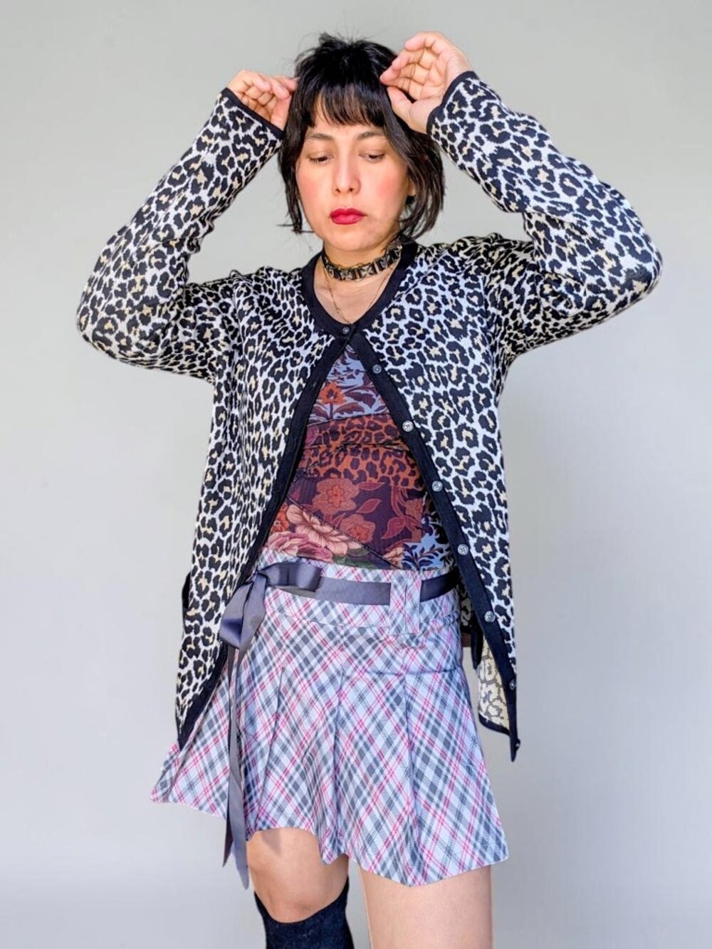 Lands End 100% pima cotton preppy goth leopard animal print knit cardigan W's M